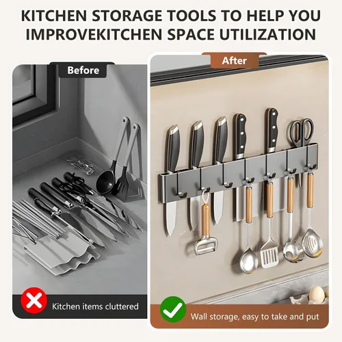 Miniatura 3 de Colgador de utensilios de cocina: soporte para colgar en pared, 7 ganchos, sin taladrar para cocina, despensa, baño, sala de estar de 15.75 pulgadas