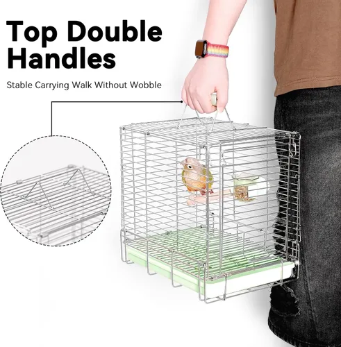 Miniatura 7 de Transportador Jaula de Viaje para Aves – Jaula de Viaje Plegable Portátil de Acero Inoxidable 304 con Tazas Comedero para Loros y Percha de Pie
