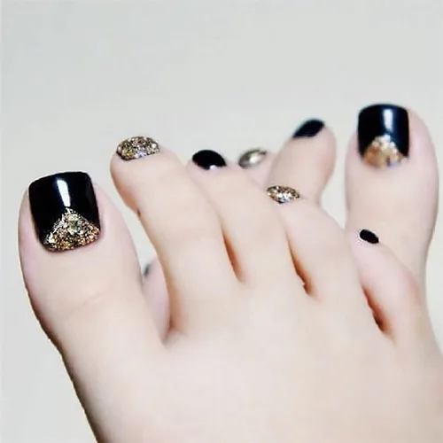 Miniatura 39 de Uñas postizas acrílicas artificiales negras para los dedos de los pies, ataúd a presión con diseños de flores blancas, uñas postizas reutilizables