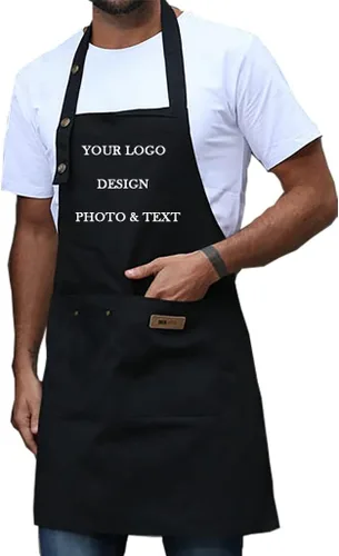 Delantal personalizado para hombres y mujeres, delantales de lona de cocina personalizados con bolsillos, nombre, texto, logotipo, imagen Negro-1