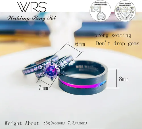 Miniatura 2 de Juego de anillos de boda His Hers para parejas, anillos a juego para mujer, chapado en oro negro de 18 quilates, circonita violeta, anillos