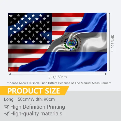 Miniatura 3 de Banderas de Estados Unidos de América Americana y El Salvador Salvadoreña de 3x5 Pies Impresas por Ambos Lados con 2 Ojales de Latón Tela de Estados