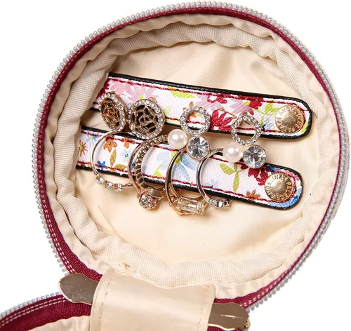 Miniatura 5 de Angelina's Palace Estuche organizador de joyas redondo, bolsa de viaje, regalos de dama de honor, caja de cuero vegano para collar, aretes, pulsera