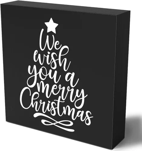 Miniatura 12 de Cartel de madera con diseño de árboles de Navidad divertidos, caja de madera con texto en inglés «Merry Christmas», arte rústico, estante