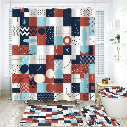 Miniatura 14 de LQCOOL Juego de 4 piezas de cortina de ducha azul con cubos 3D, juegos de baño, juego de cortina de ducha moderna para juegos de baño con alfombras
