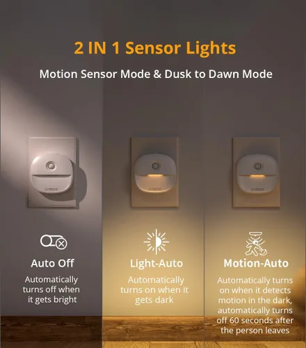 Miniatura 3 de Lyridz Luz nocturna enchufable con sensor de movimiento y sensor de atardecer a amanecer, luz nocturna blanca fría regulable con brillo ajustable