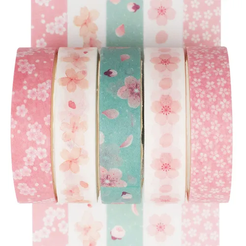 Juego de 5 rollos de cintas washi creativas y básicas para artes, manualidades, diarios, planificadores, álbumes de recortes, envoltura (Sakura)