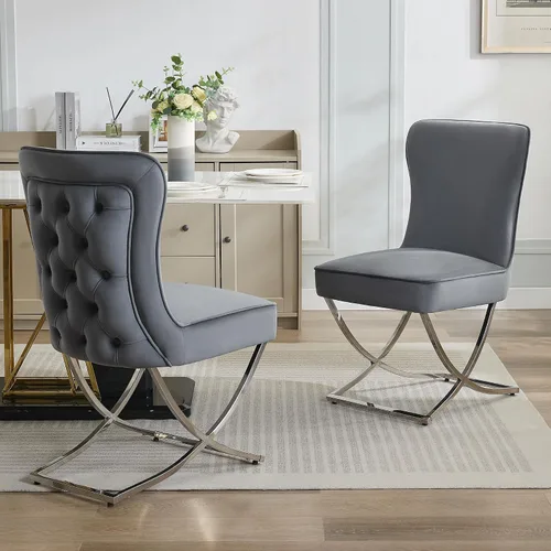 Miniatura 8 de WUTUTUEE Sillas de Comedor de Terciopelo de Lujo, Sillas de Acento Capitoné Tapizadas Sin Brazos con Patas de Metal Plateado en Forma de X, Juego