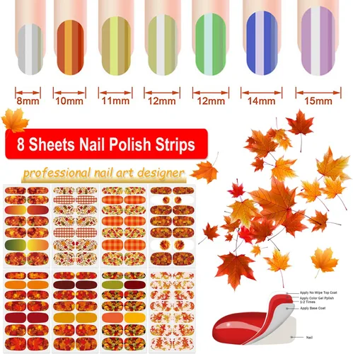 Miniatura 2 de 8 hojas de esmalte de uñas de otoño para mujer, hojas de arce, tiras de esmalte de uñas de gel, autoadhesivas, manicura con lima y palito para Otoño