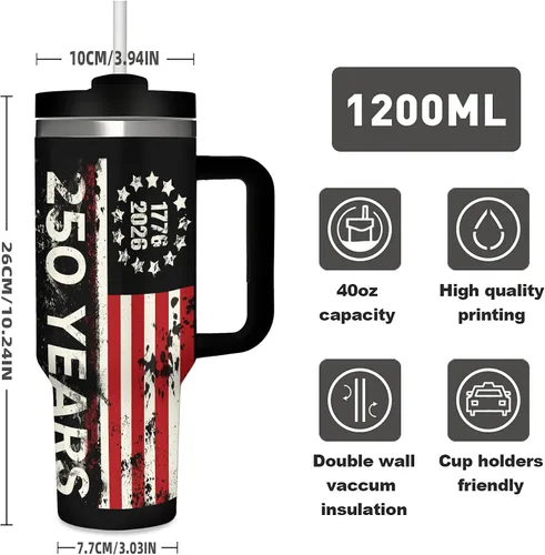 Miniatura 2 de 250 Years American Flag - Vaso aislado de acero inoxidable de 40 onzas (40.6 fl oz), taza de café patriótica con tapa a prueba de salpicaduras