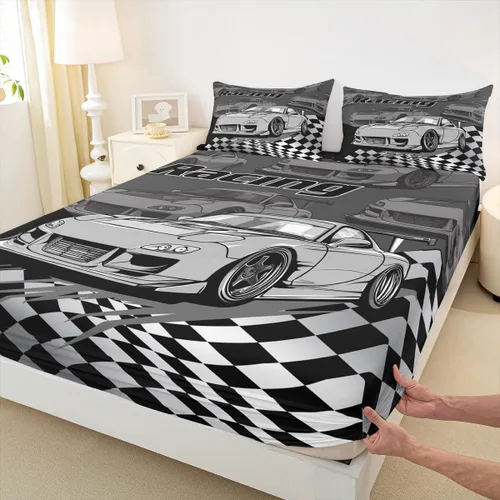 Silver Race Cars - Sábana bajera ajustable para niños, tamaño individual, diseño de bandera de carreras en blanco y negro, decoración de habitación