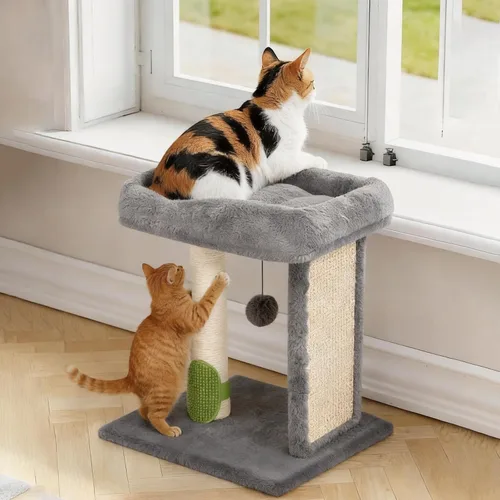 Miniatura 7 de Poste rascador para gatos pequeño con auto peluquero para gatos, cama superior de 17.3 x 13.4 pulgadas de ancho, poste de rascador natural y bola