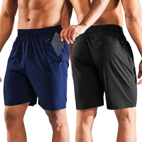 Miniatura 9 de MIER - Pantalones cortos de correr para hombre, de secado rápido, con bolsillo con cremallera, cintura elástica, pantalones cortos atléticos