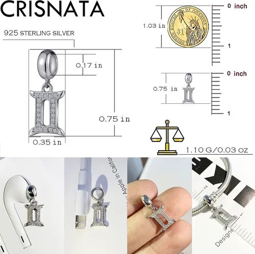 Miniatura 2 de CRISNATA Dijes con dije de constelación del zodiaco con circonita cúbica transparente, cuentas de horóscopo de plata de ley 925, se adapta a
