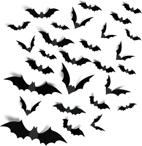 Decoraciones de Halloween para interiores, 4 tamaños de 96 murciélagos de PVC 3D realistas, calcomanías de murciélago negro aterrador para