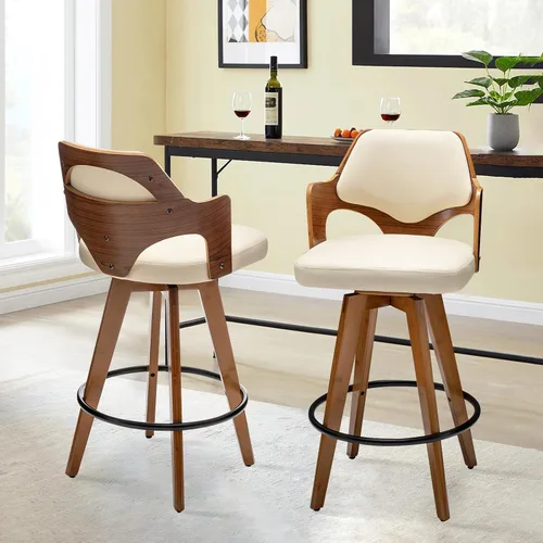 Miniatura 6 de MEKLIBA Juego de 2 taburetes de bar giratorios de altura de mostrador, silla de bar tapizada con patas de bambú, taburetes de mostrador con respaldo