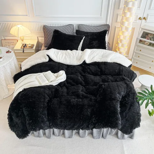 Miniatura 5 de UOZZI BEDDING - Juego de edredón de pelo sintético negro, tamaño Queen, 3 piezas, 1 edredón afelpado negro de 90x90 y 2 fundas de almohada, ultra
