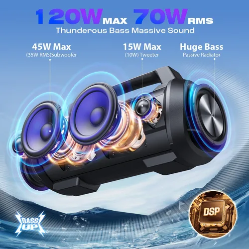 Miniatura 11 de W-KING Altavoces Portátiles Bluetooth Inalámbricos, Altavoz Bluetooth Más Potente de 120W Máx, Altavoz Exterior Impermeable IPX6 con Graves
