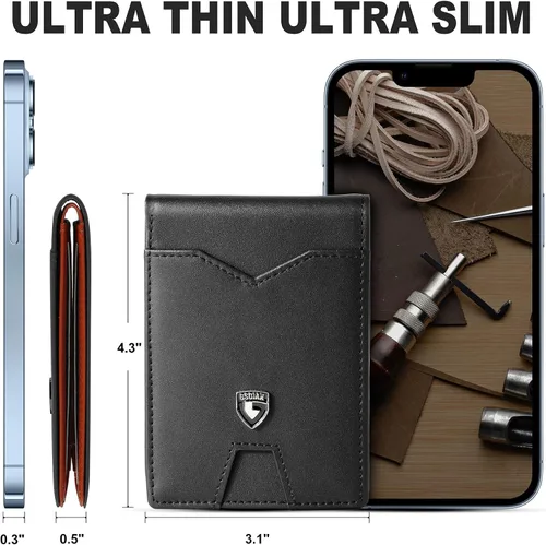 Miniatura 4 de GSOIAX Billetera delgada para hombre minimalista de cuero genuino fibra de carbono con bloqueo RFID de cuero vacuno plegable con caja de regalo