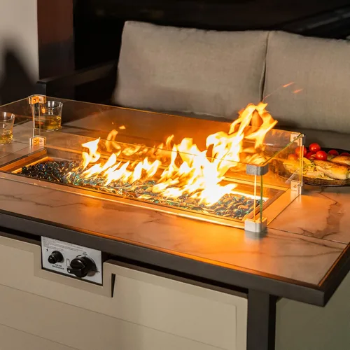 Miniatura 4 de Nuu Garden Mesa para fogata de propano para patio de 43 pulgadas, fogata de gas de 50,000 BTU con parte superior de vidrio texturizado de mármol