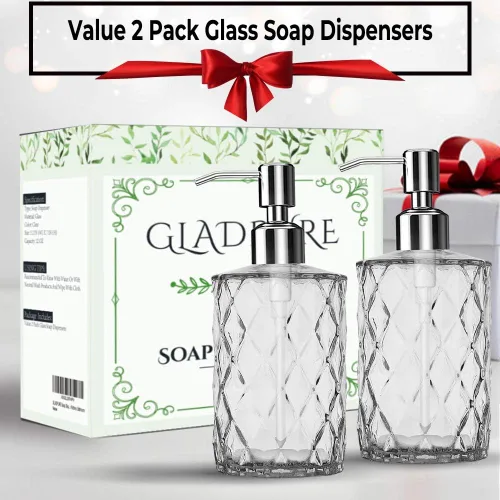 Miniatura 7 de GLADPURE Dispensador de jabón - paquete de 2 dispensadores de jabón de manos de vidrio transparente, 12 onzas de capacidad, con diseño de diamante