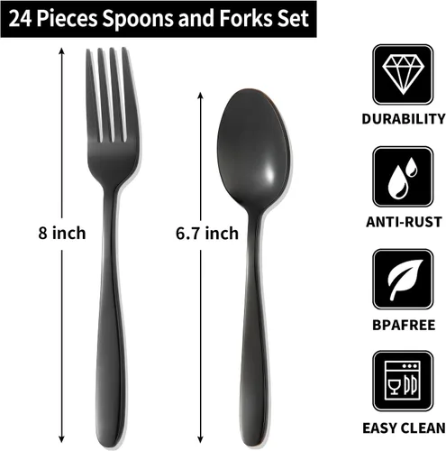 Miniatura 2 de Juego de cubiertos de 24 tenedores y cucharas para 12, tenedores y cucharas de acero inoxidable negro, cuchara duradera de 8 pulgadas y tenedor