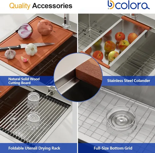 Miniatura 5 de Dcolora 33x22 Fregadero de cocina de acero inoxidable de 16 calibres, estación de trabajo de caída, fregadero de cuenco único grande, montaje
