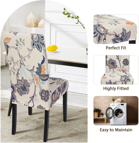 Miniatura 5 de SearchI Juego de 4 fundas para sillas de comedor, elásticas con estampado floral, fundas deslizables para sillas Parsons de spandex, removibles
