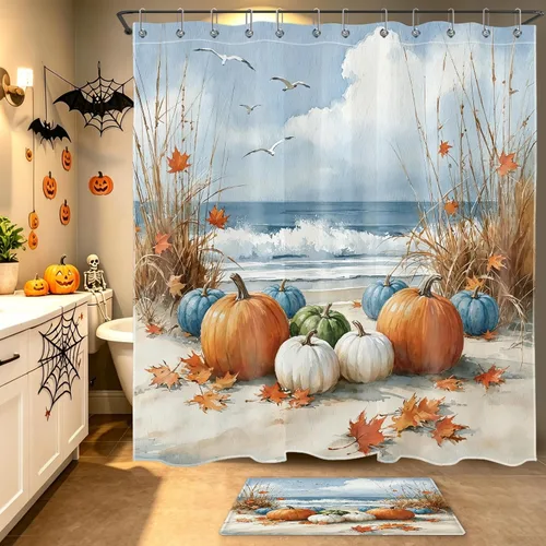 Miniatura 14 de HVEST Cortina de ducha de Halloween, linterna de calabaza y gnomo, cortina de ducha de baño, cortina de ducha de murciélago y araña, decorativa