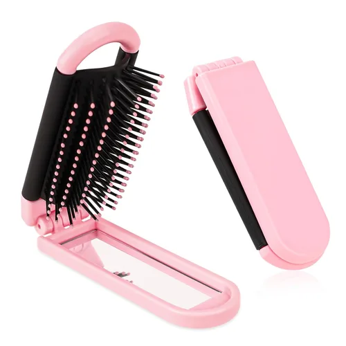 Miniatura 11 de Cepillo de pelo portátil de viaje, pequeño cepillo plegable compacto con espejo y punta redonda, cerdas de nailon para mujeres y hombres, mini peine