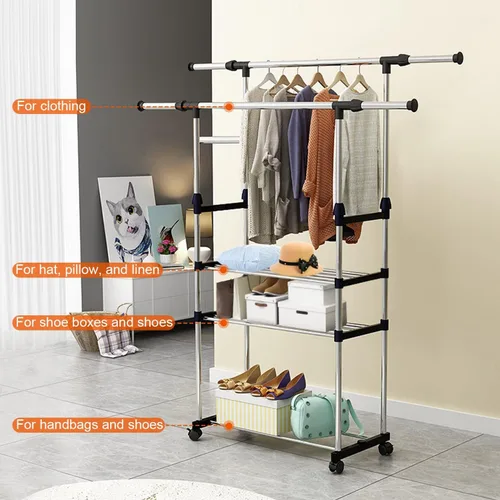 Miniatura 4 de Perchero de doble barra para colgar ropa, estante portátil para armario de carga máxima de 77 libras, perchero de metal resistente para dormitorio