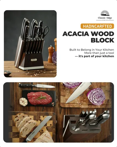 Miniatura 9 de OOU Juego de cuchillos de cocina 2025 con bloque, juego de cuchillos de acero inoxidable alemán de 15 piezas con varilla de afilar, mango de madera