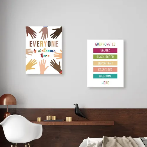 Miniatura 4 de Lienzo enmarcado con texto en inglés "Everyone Is Welcome Here", decoración de pared de diversidad multicultural para la escuela, aula, guardería