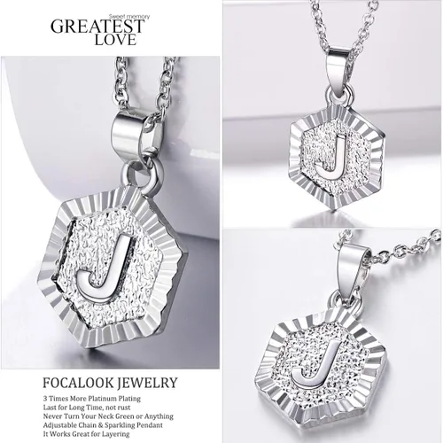 Miniatura 5 de FOCALOOK Initial Necklaces for Women Yellow GoldPlatinum Plated Hexagon Letter Pendant Necklace 18 Inch