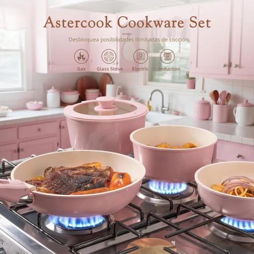 Miniatura 2 de Astercook Juego de 21 ollas y sartenes antiadherentes, juego de utensilios de cocina de cerámica, mango desmontable, juego de cocina de Rosa