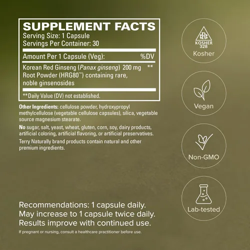 Miniatura 5 de Terry Naturally EuroPharma HRG80 Red Ginseng Energy 30 Cápsulas
