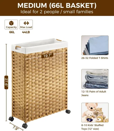 Miniatura 4 de Greenstell Cesta para la ropa sucia con ruedas, cesta de lavandería delgada de 17.4 galones (66L) con 2 bolsas extraíbles y 2 bolsas de malla, cesta