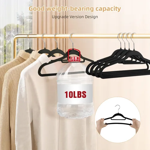 Miniatura 5 de Perchas negras antideslizantes de terciopelo – Perchas resistentes para trajes que ahorran espacio con gancho giratorio de 360° – Paquete de 20 Negro