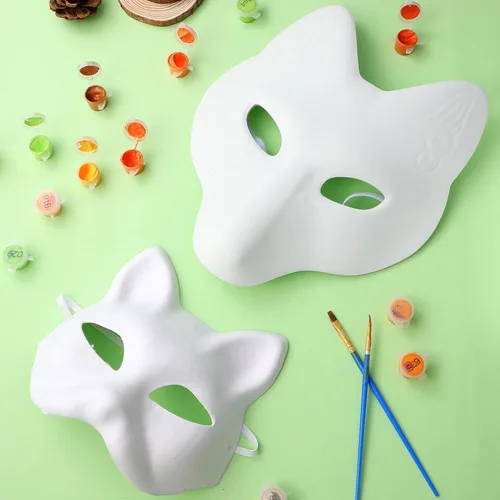 Miniatura 2 de Therian - Juego de máscaras de gato de papel blanco pintado a mano en blanco para bricolaje, tu propio cosplay, zorro y gato, animales, accesorios