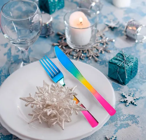 Miniatura 7 de Enjoylife - 120 cubiertos plásticos, cubiertos plásticos de arcoiris, dorado y azul (arcoiris)