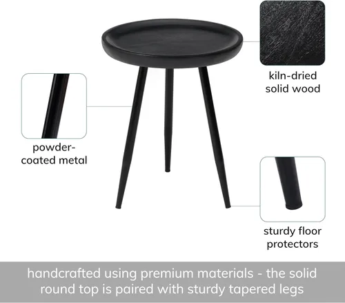Miniatura 3 de MH London Lydia - Mesa auxiliar redonda pequeña y mesa auxiliar de madera maciza, parte superior negra con patas de metal negro, mesita de noche