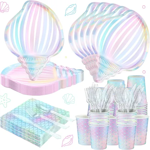 144 piezas de suministros para fiesta de sirenas, decoraciones temáticas de sirenas, juego de vajilla para fiesta bajo el mar, incluye platos,
