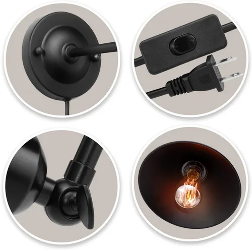 Miniatura 5 de Aplique de pared enchufable, aplique de pared negro, lámpara de pared industrial vintage con brazo oscilante antiguo, lámpara de pared
