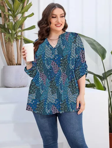 Miniatura 5 de AMCLOS Camisetas de talla grande para mujer, cuello en V, estilo casual, suave, fluido, manga larga con botones