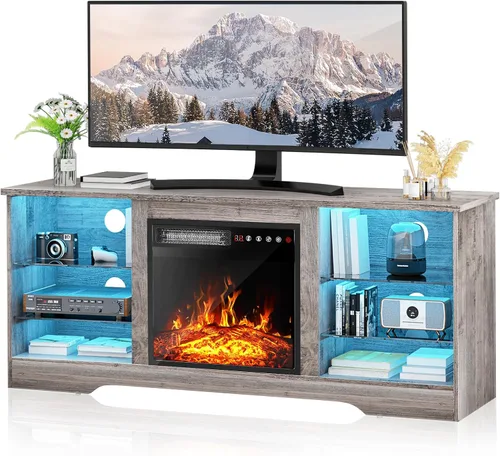 Miniatura 14 de PUKAMI Soporte de TV con chimenea de 18 pulgadas para sala de estar, centro de entretenimiento de 58 pulgadas con luces para las patas, gabinete