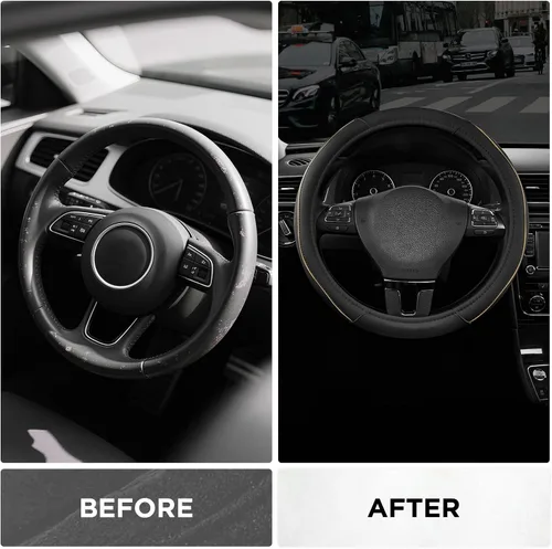 Miniatura 3 de Road Comforts Funda de cuero para volante con ribete decorativo y ribetes, diseño antideslizante y transpirable, se adapta a volantes redondos