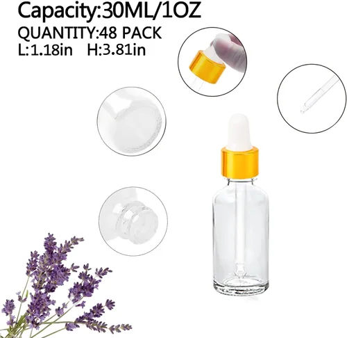 Miniatura 3 de Paquete de 48 Botellas Cuentagotas de Vidrio Transparente de 1 oz, Botellas Cuentagotas con Cuentagotas de Vidrio para Aceites Esenciales, Perfumes