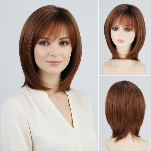 Miniatura 14 de RENERSHOW Pelucas rubias en capas para mujeres blancas con flequillo, peluca de pelo corto lacio, peluca sintética de color rubio degradado