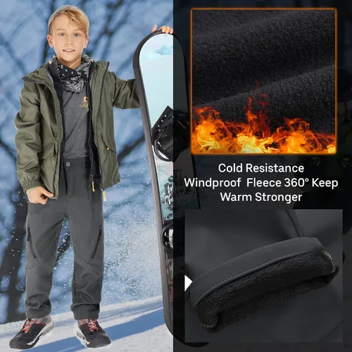 Miniatura 7 de linlon Pantalones cargo de senderismo para niños y jóvenes, impermeables, con forro polar suave y forro polar, pantalones de nieve aislados, Nieve