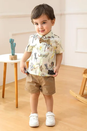 Miniatura 23 de JEELLIGULAR Conjunto de ropa de verano para bebé niño de manga corta con botones y pantalones cortos, trajes casuales para caballeros de 1 a 6 años